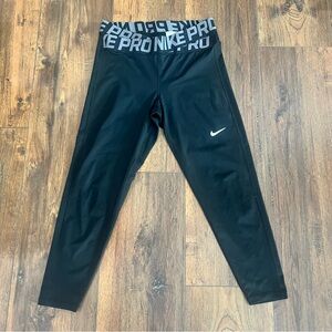 Nike Pro Dri Fit Black Leggings with White Logo Waistband